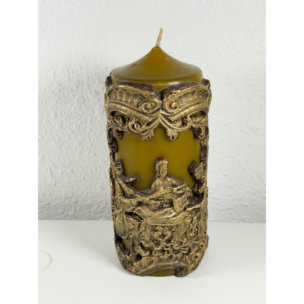 Vintage Baroque Style Candle with Ornate Gold Relief | Decorative Pillar